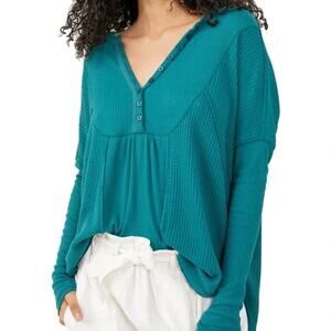 Free People Women's Teal Green Leo Henley Long Sleeve Shirt Size Small NEW